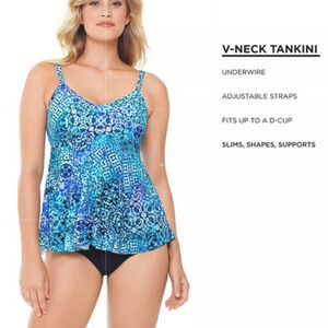 Swim Solutions V Neck Tankini Top Womens 8 Blue Green Pattern Underwire Swimwear